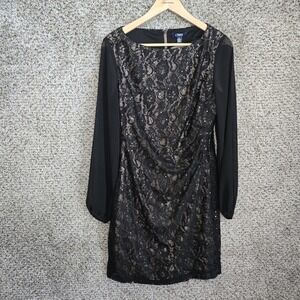 Chaps Dress Womens 10 Black Lace Sequined Long‎ Sleeve Zip Sheath Boat Neck